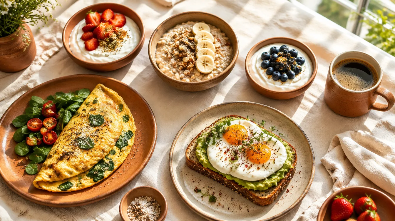 Five high-protein breakfasts: omelet, quark with strawberries, oatmeal, avocado toast with egg and Greek yogurt with blueberries