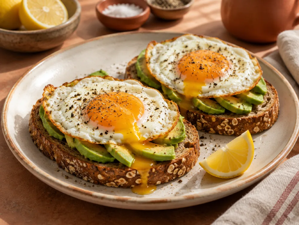 Avocado toast with fried eggs