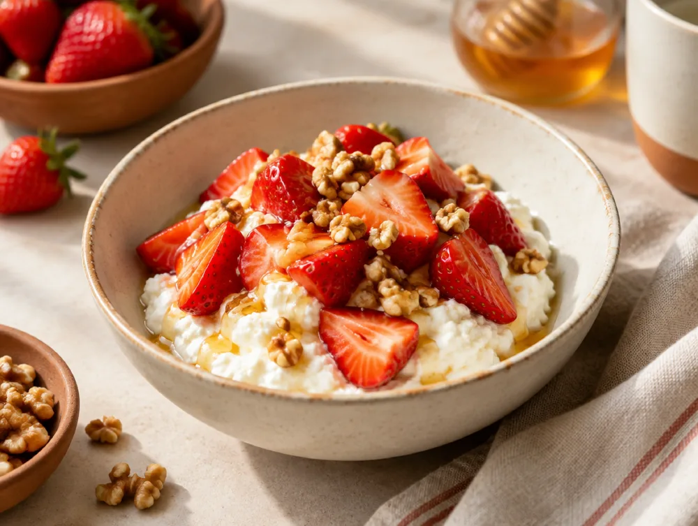 Quark with strawberries, walnuts and honey