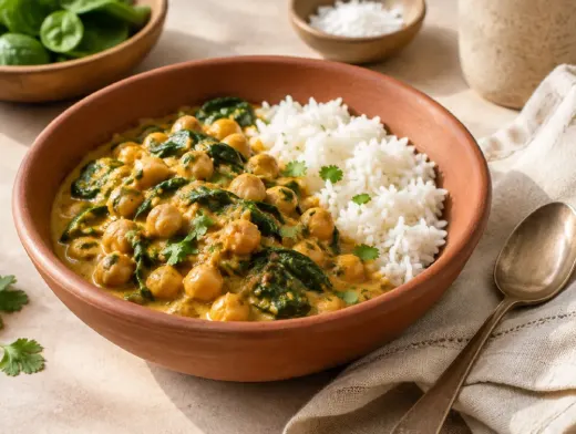 Cícerové curry so špenátom a ryžou