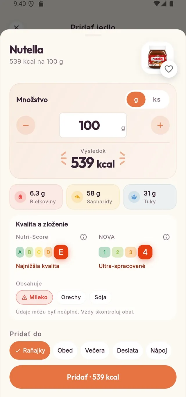 Kvalita jedla: Nutri-Score, NOVA a alergény pri produkte v appke Caloora