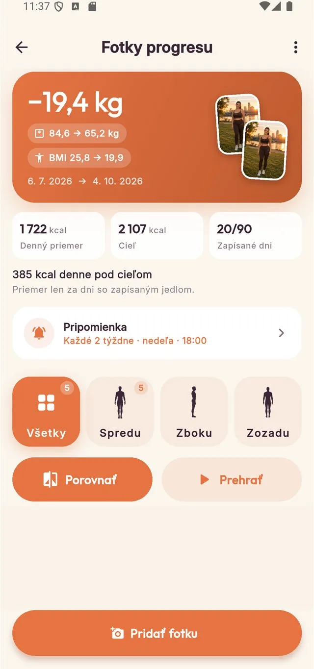 Fotky progresu v appke Caloora: zmena váhy a BMI