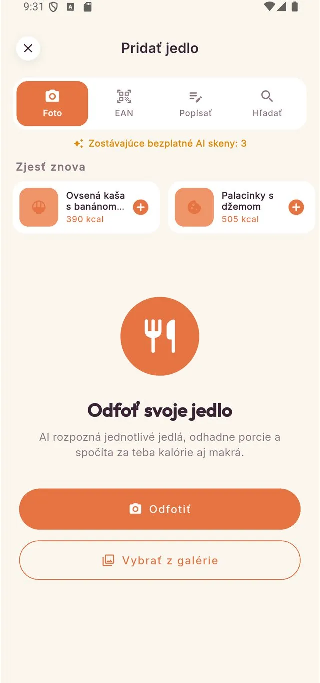 Rýchle pridanie obľúbených jedál v appke Caloora