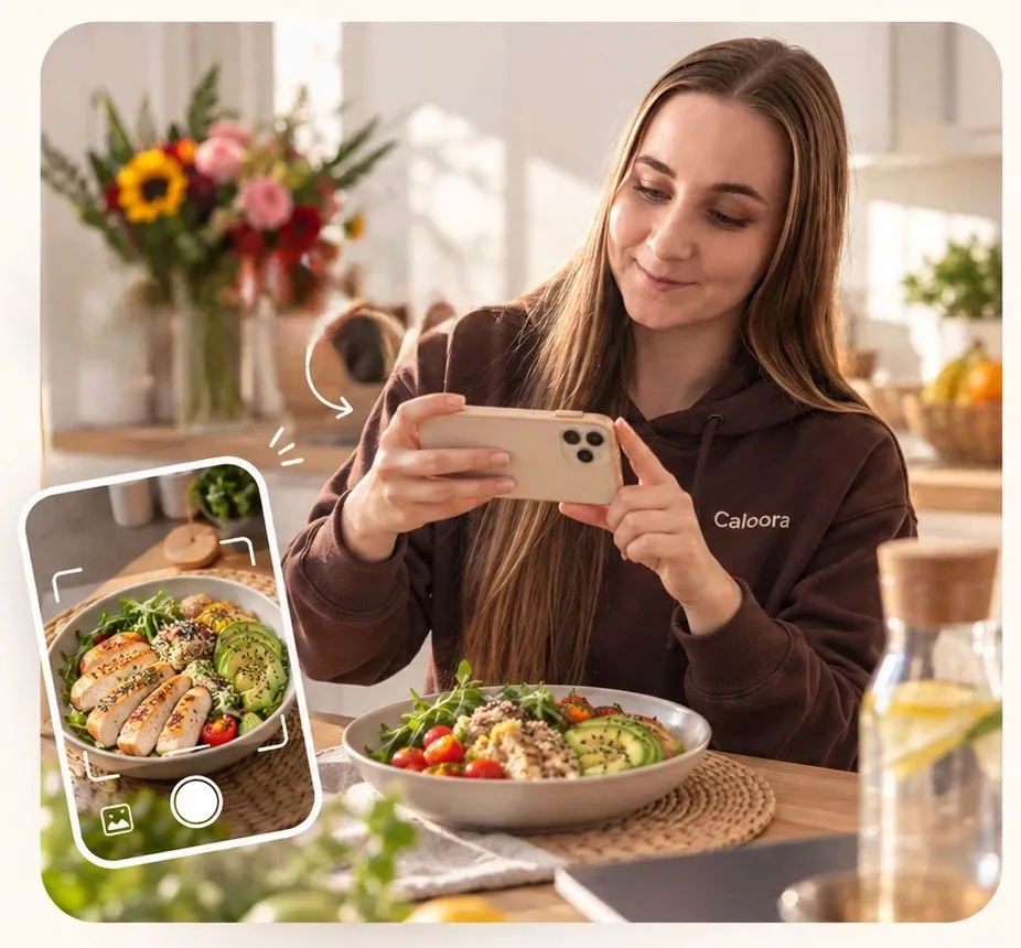Woman photographing her meal in a kitchen, the app shows calories and macros