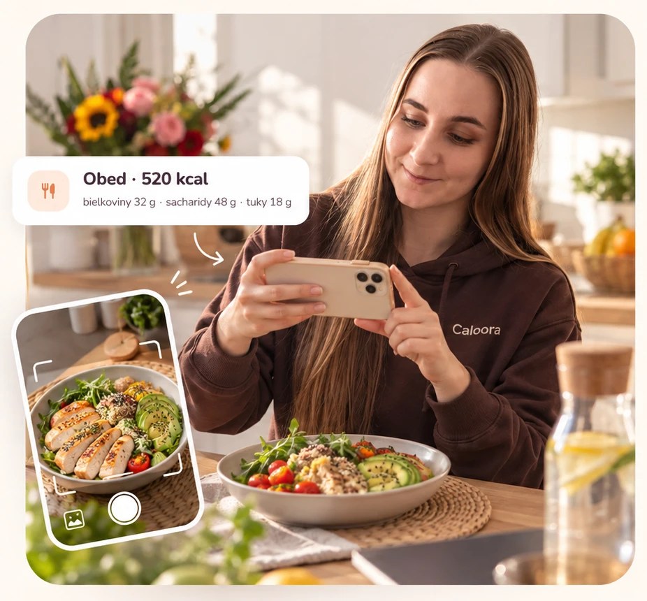 Woman photographing her meal in a kitchen, the app shows calories and macros