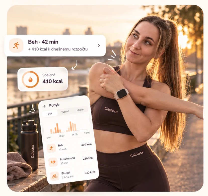 Woman stretching after a run at sunset, the app adds the burned calories